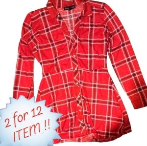 Women's Red & White Plaid Shirt Dress Size M Flared Skirt no belt